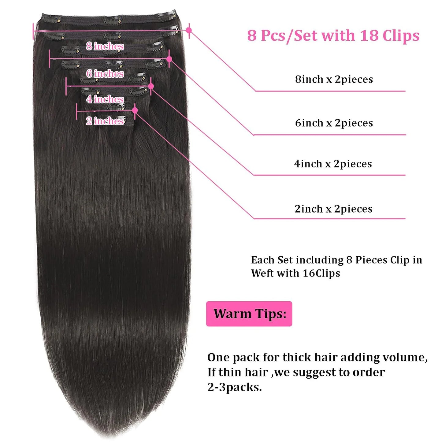 uman Hair Natural Color Full Head Clip In