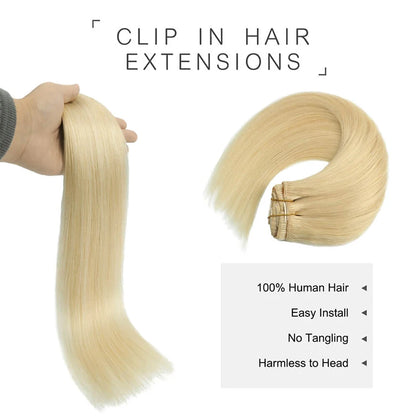 Clips In Hair Extensions Human Hair Color Blonde Straight Natural Hair Extensions