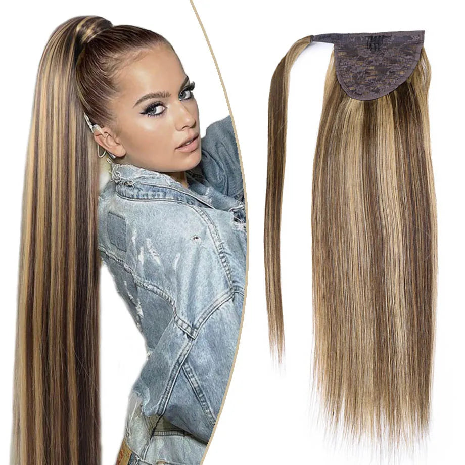 Ponytail Extension Human Hair Long Straight Wrap Around Pony Tail