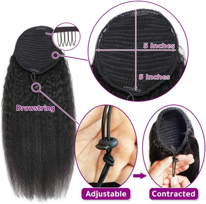 Kinky Straight Ponytail Human Hair Extension 100% Real Human Hair