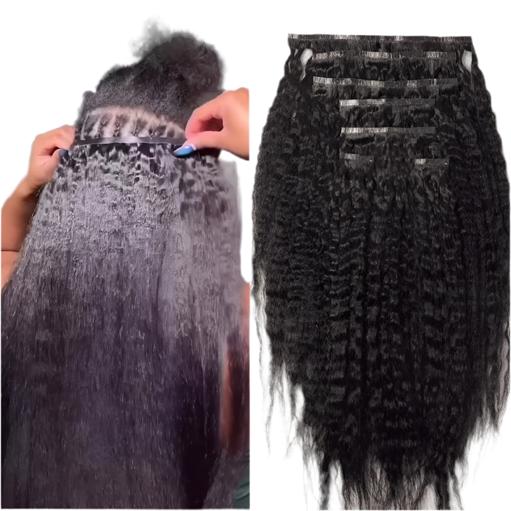 Straight PU Clip Ins Human Hair Invisible Kinky Coarse Hair