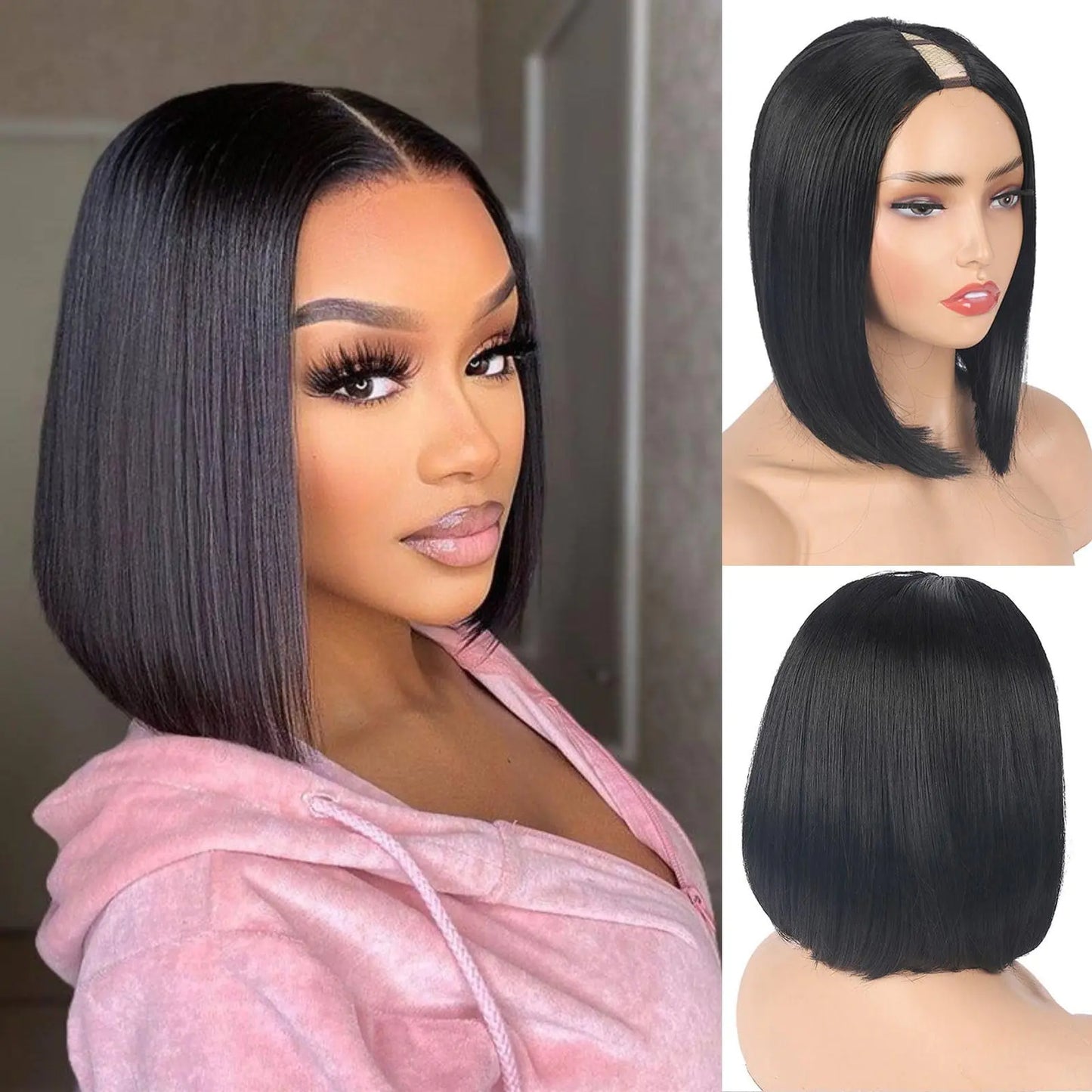 ALOHAiR Bob Straight V Part Wig For Black Women Brazilian Straight U/V Part Wigs Upgrade U Part Wigs 12Inch Short Bob V Part Wig For Girls Glueless Full Head Clip In Half Wig