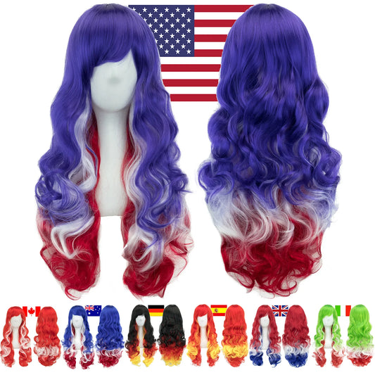 BOO-TIFUL🎃HA!R🌺  COUNTRY  FlagS  Blue White Red Design Hair Cosplay Wigs with Bangs Halloween Costume Wig