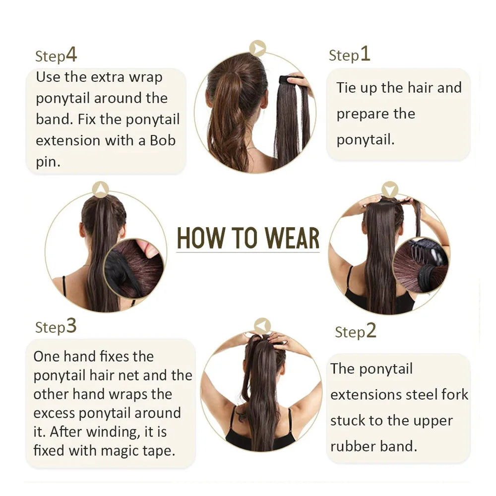 Ponytail Extension Human Hair Long Straight Wrap Around Pony Tail