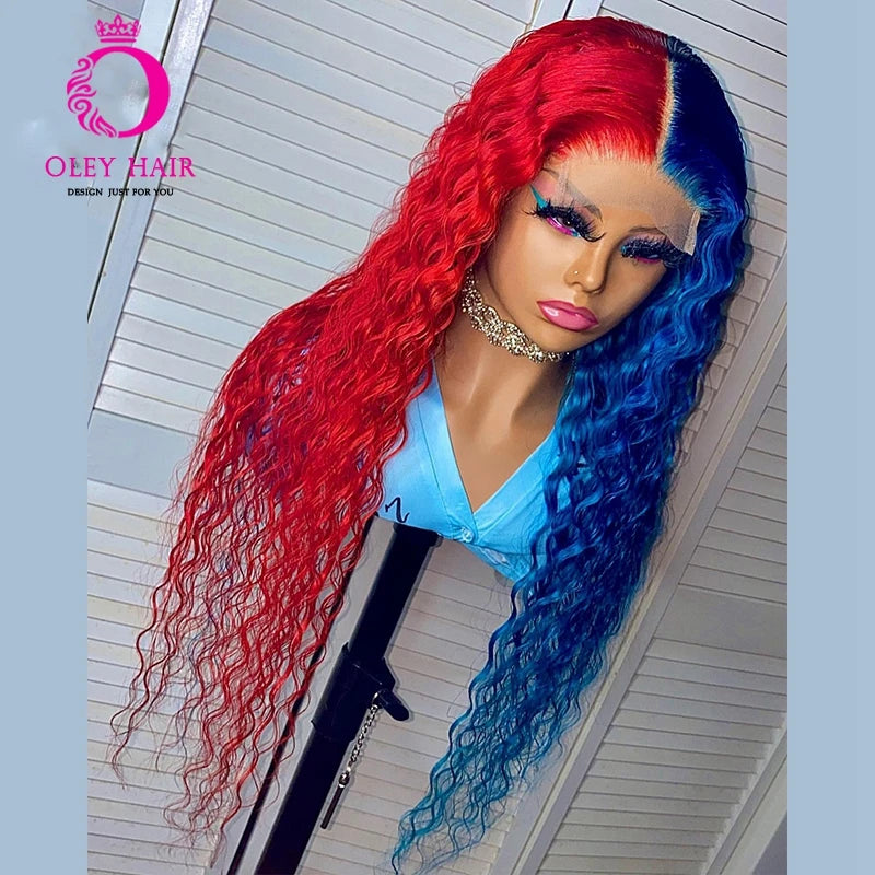 BOO-TIFUL🎃HA!R🌺Half Red Half Blue Color 30 Inch Kinky Curly 13x4 Synthetic Lace Front Invisible Drag Queen Cosplay Wigs For Black Women 180%