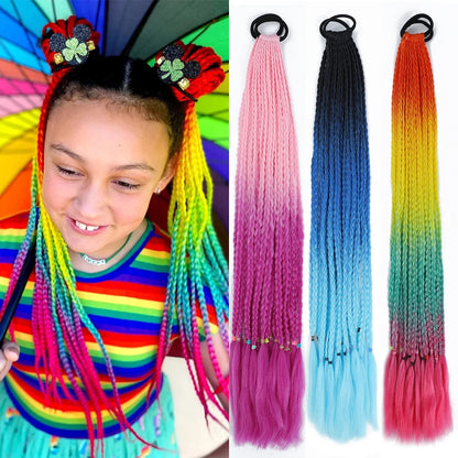 Colored Braided Ponytail Hair Extension Rainbow Color