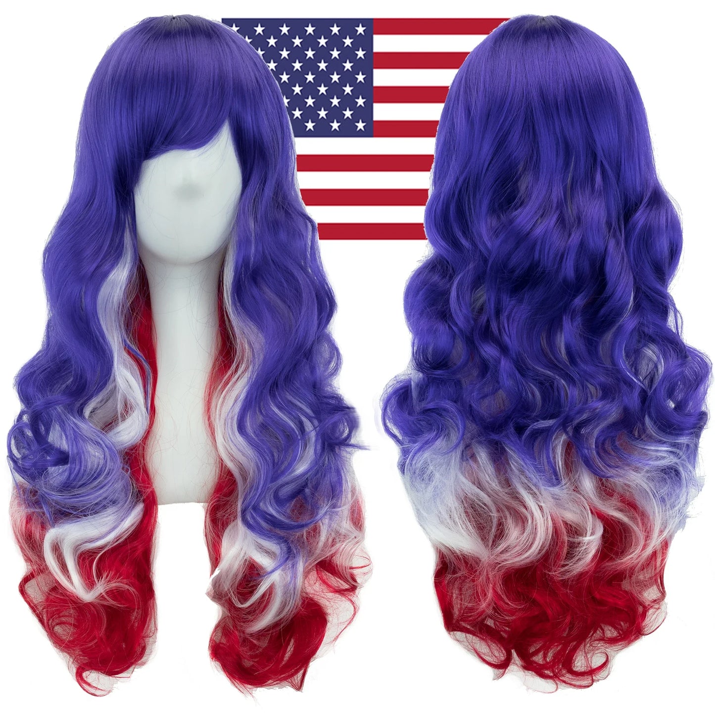 BOO-TIFUL🎃HA!R🌺  COUNTRY  FlagS  Blue White Red Design Hair Cosplay Wigs with Bangs Halloween Costume Wig