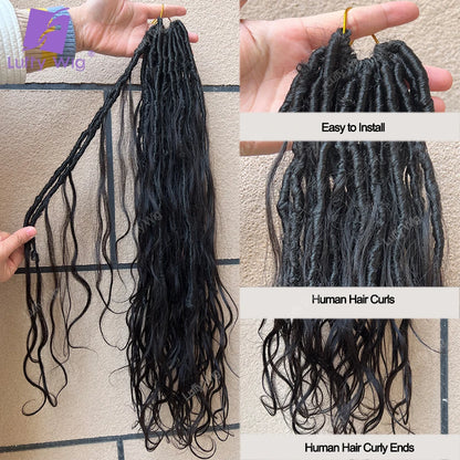 Goddess Locs Crochet Hair with Human Hair Curls Ends Pre Looped Synthetic Boho Dreadlocks Hair Extensions Soft Braiding Hair