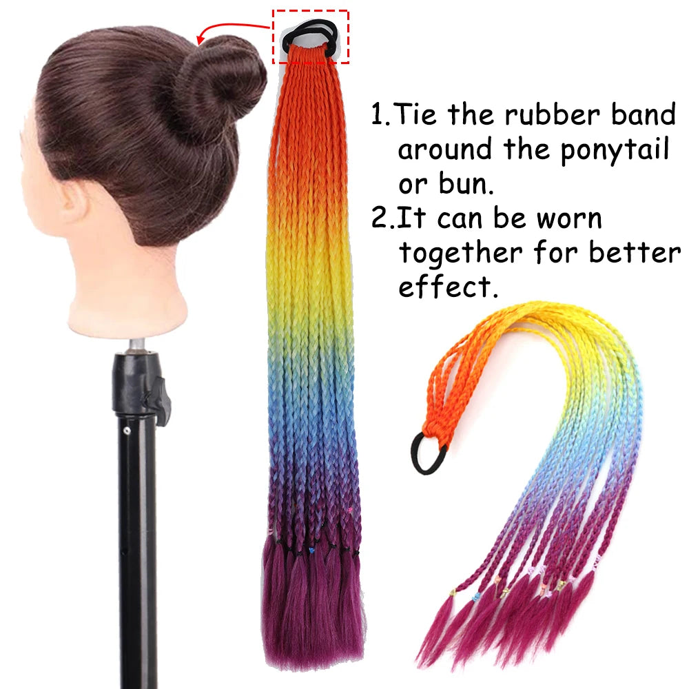 Colored Braided Ponytail Hair Extension Rainbow Color