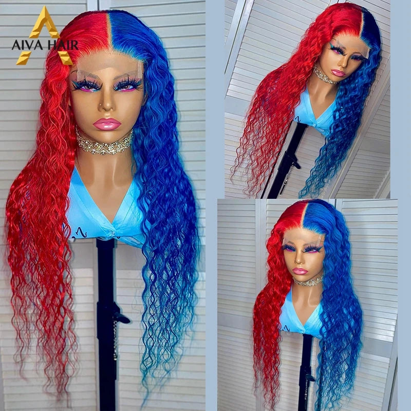 BOO-TIFUL🎃HA!R🌺Half Red Half Blue Color 30 Inch Kinky Curly 13x4 Synthetic Lace Front Invisible Drag Queen Cosplay Wigs For Black Women 180%