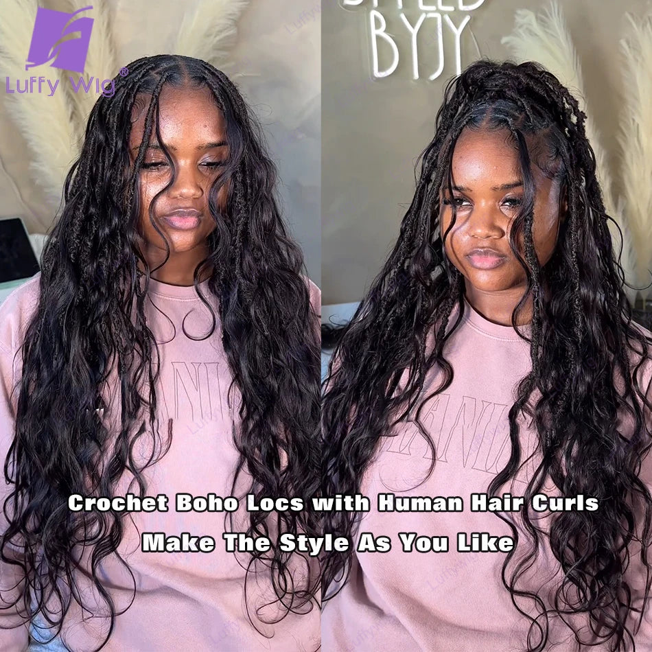 Body Wave Boho Locs Human Hair Curls Pre Looped Crochet Boho Locs with Human Hair Curls Wavy Ends Boho Dreadlocks Hair Extension