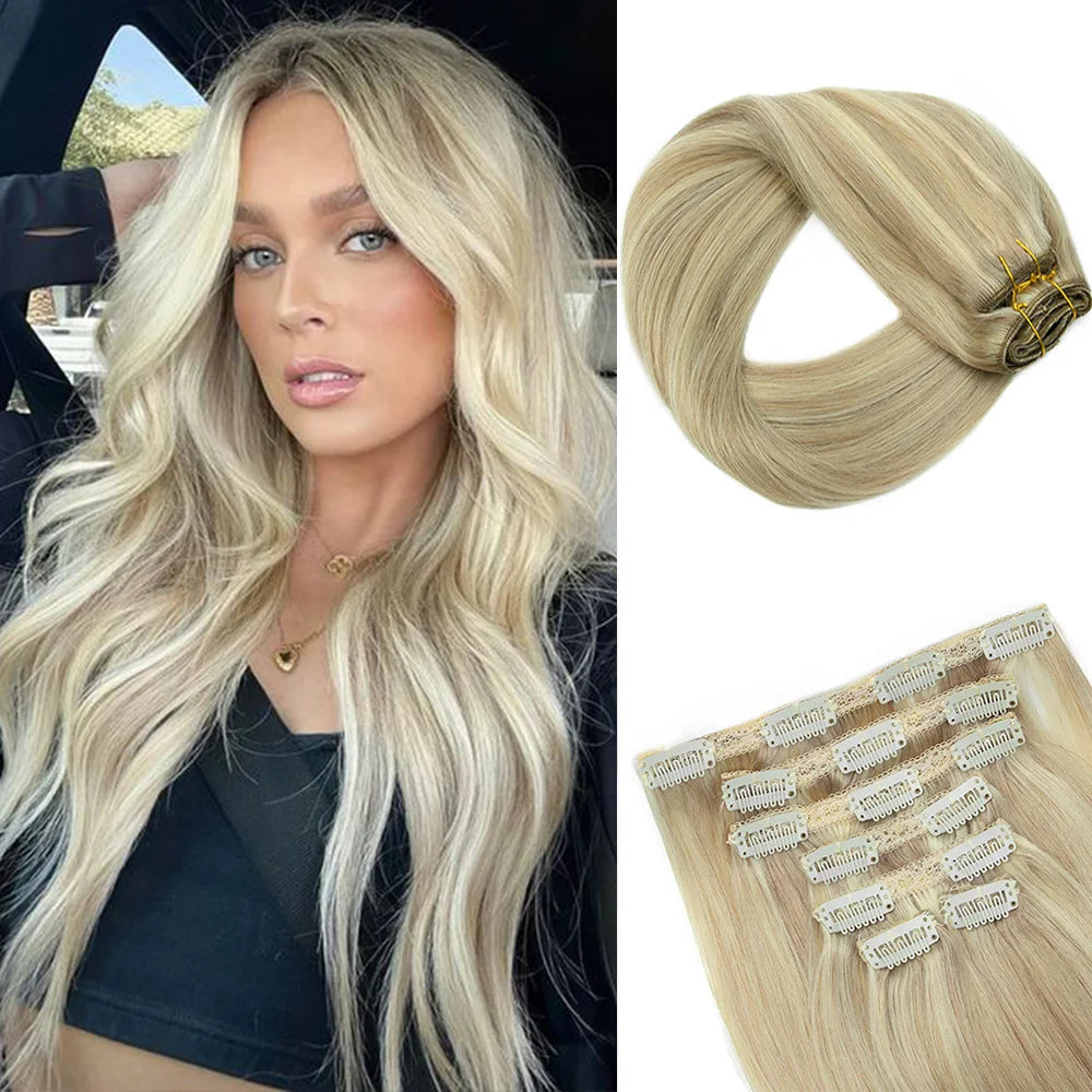 Blonde Clip in Hair Extensions Human Hair 7pcs Black Brown Straight