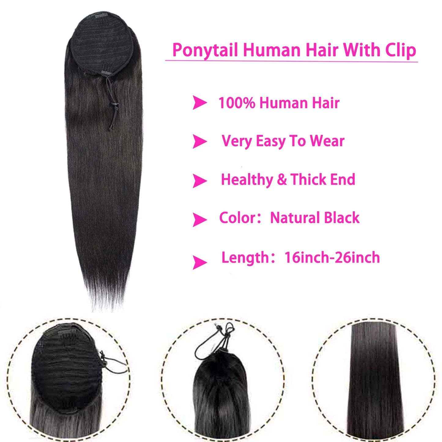 Ponytail Human Hair Extensions Natural Color Straight Human Hair