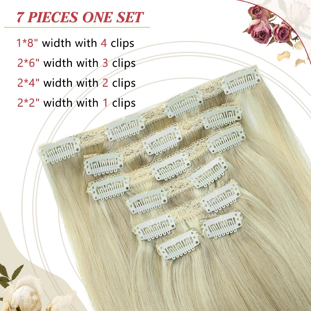 Blonde Clip in Hair Extensions Human Hair 7pcs Black Brown Straight