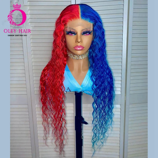 BOO-TIFUL🎃HA!R🌺Half Red Half Blue Color 30 Inch Kinky Curly 13x4 Synthetic Lace Front Invisible Drag Queen Cosplay Wigs For Black Women 180%