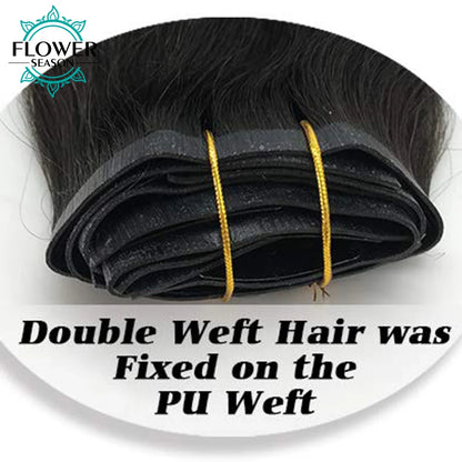 Straight PU Clip Ins Human Hair Invisible Kinky Coarse Hair