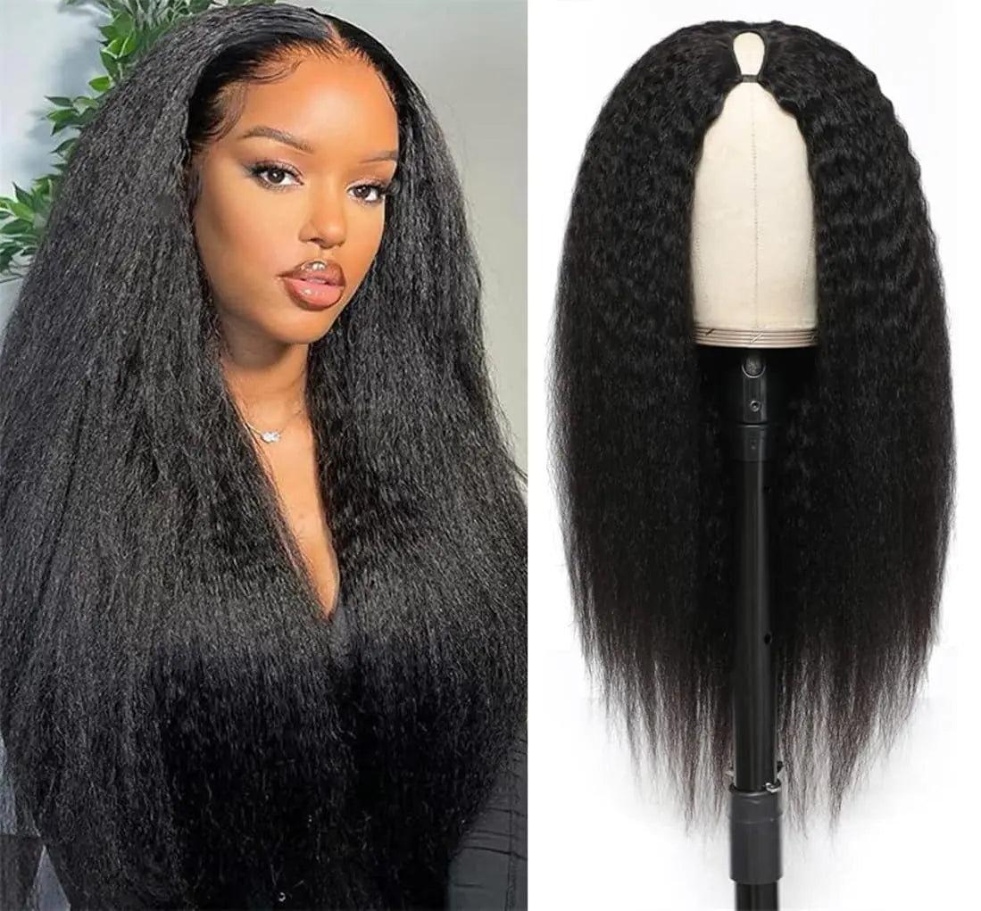 26" Kinky Straight V Part Wig – Glueless Human Hair Wig for Black Women, Yaki Texture, 150% Density